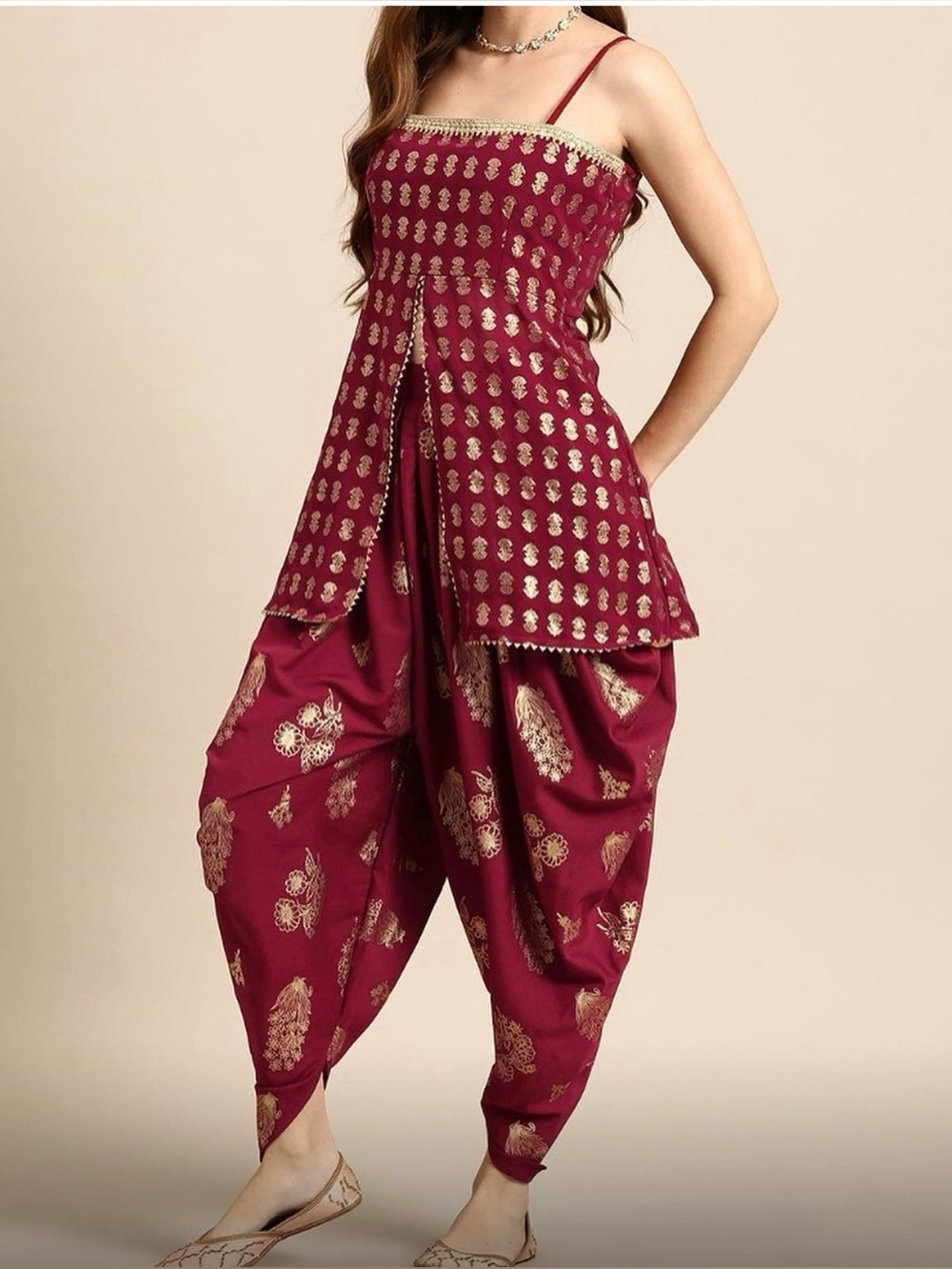 Women’s Maroon & Gold Printed Dhoti set